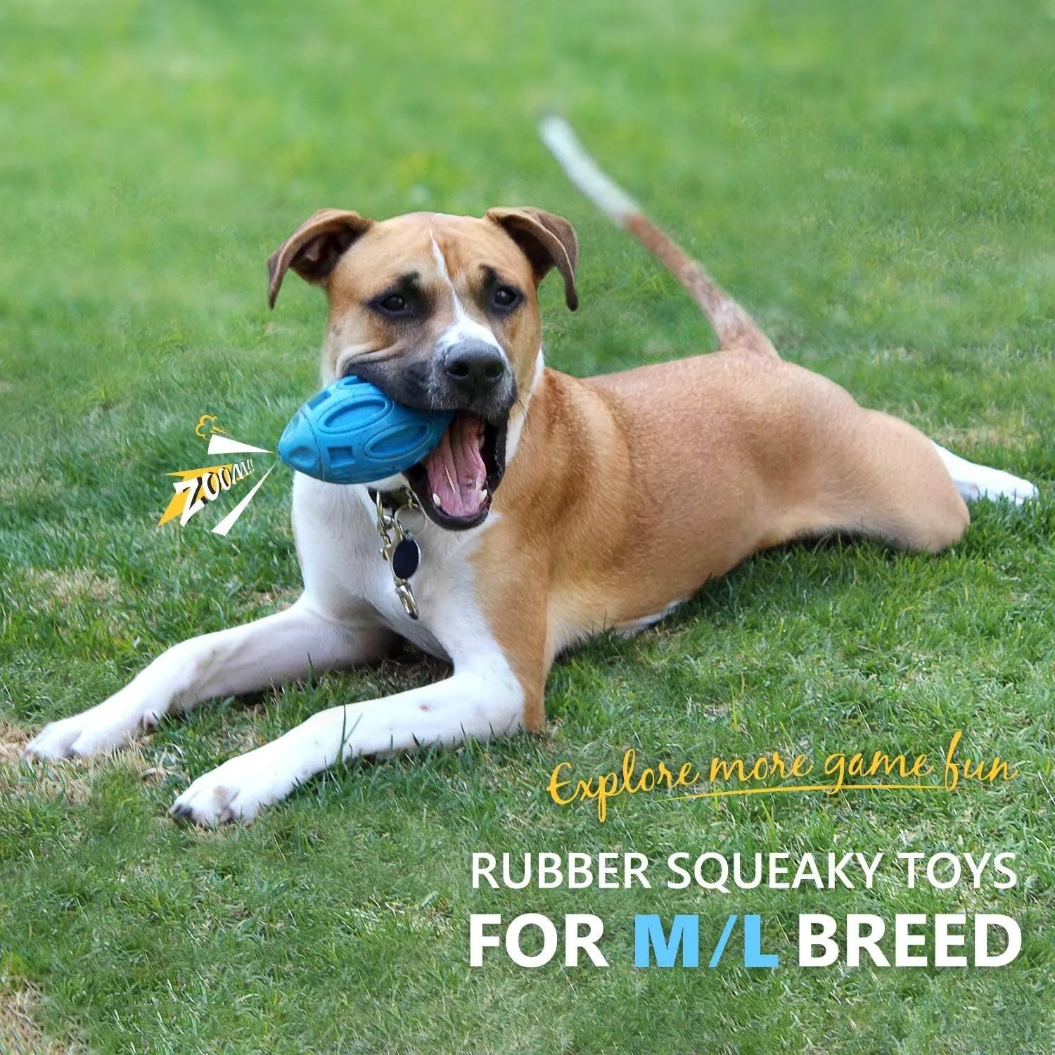 Blue green orange squeaky rubber chew ball dog toy for aggressive medium large breed chewers