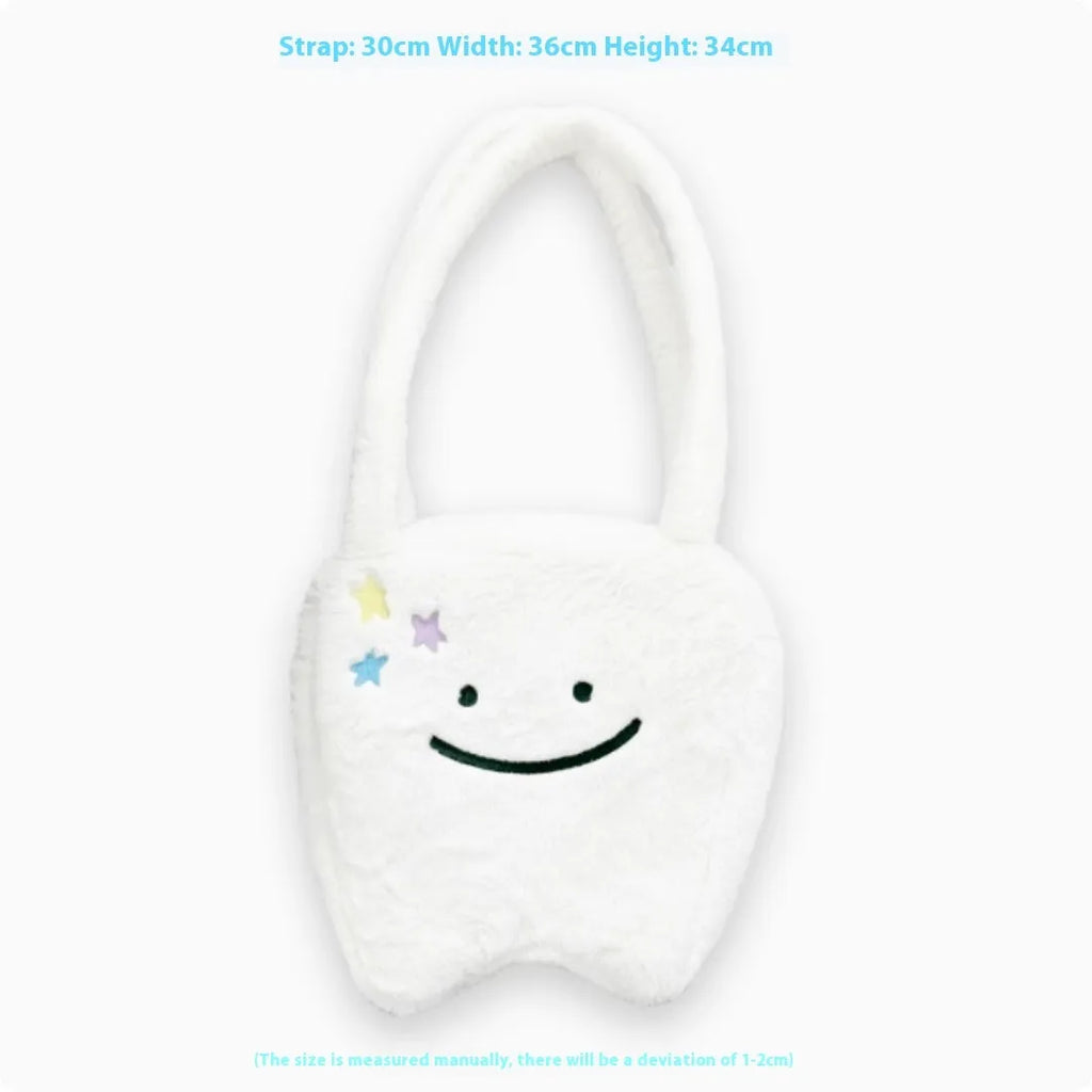 White plush shoulder tote bag with cute tooth pattern design and front zipper opening