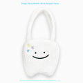 White plush shoulder tote bag with cute tooth pattern design and front zipper opening