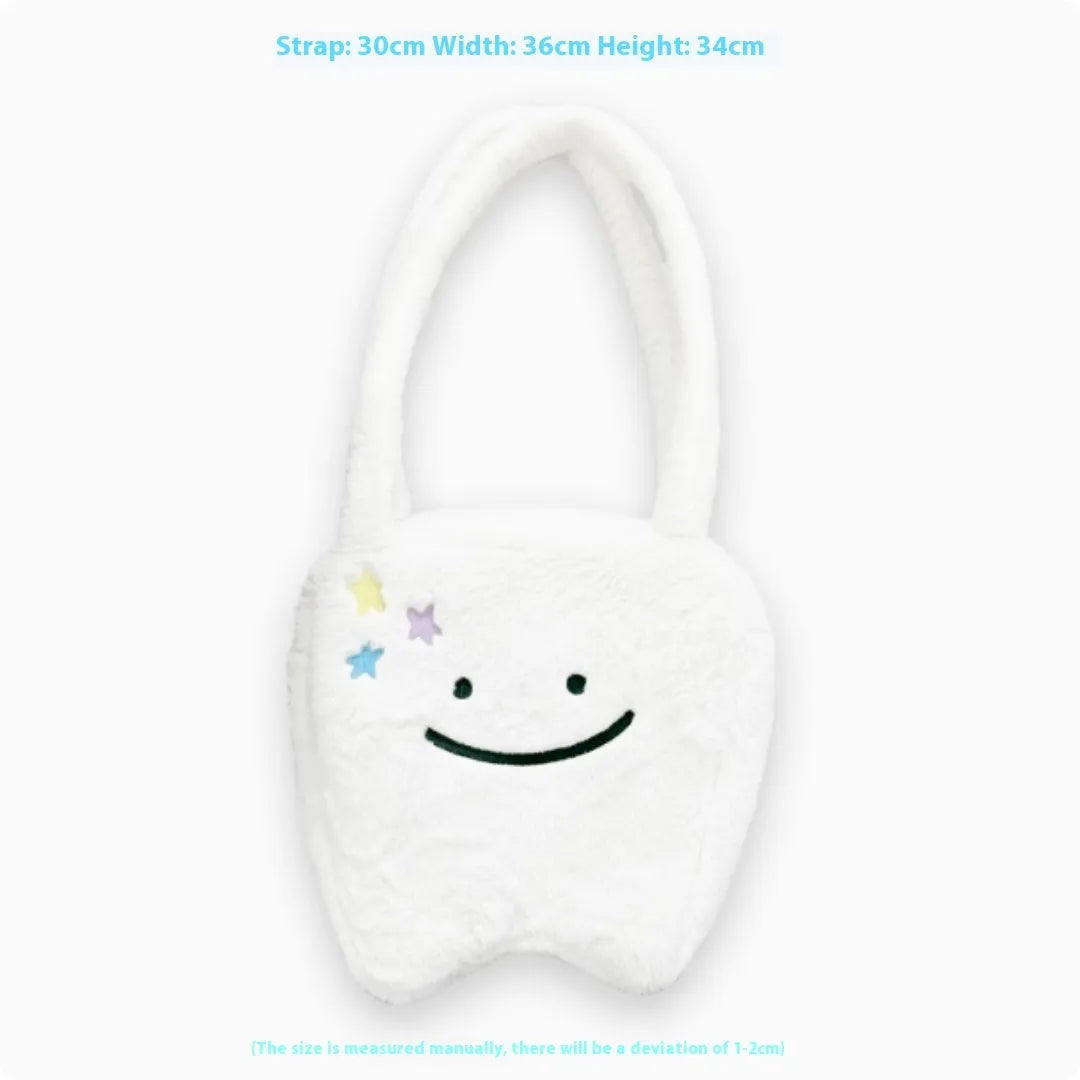 White plush shoulder tote bag with cute tooth pattern design and front zipper opening