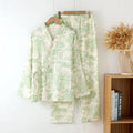 Women's pure cotton double-layer gauze loungewear suit with long sleeves and lace-up trousers in frosted pine tree colours