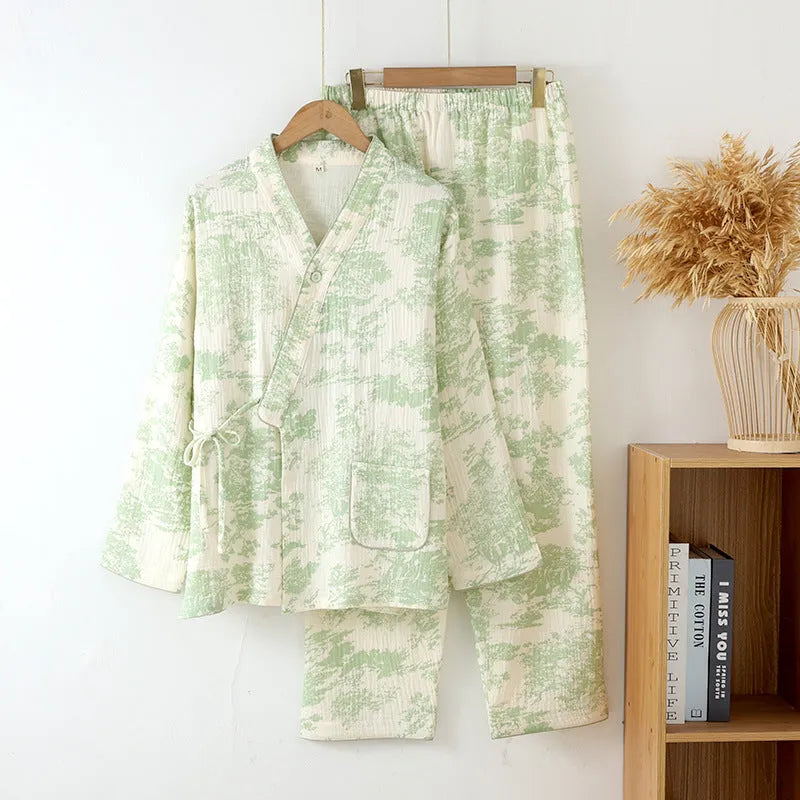 Women's pure cotton double-layer gauze loungewear suit with long sleeves and lace-up trousers in frosted pine tree colours