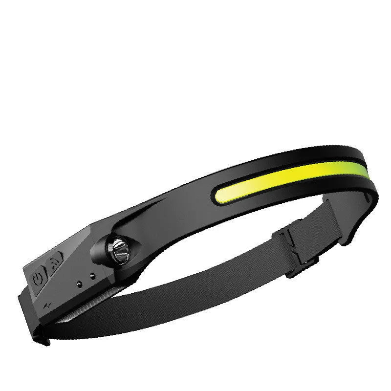 COB LED induction headlamp with wave sensor, silicone headband, USB rechargeable, 230 degree wide angle front beam and separate side LED for 100m long distance