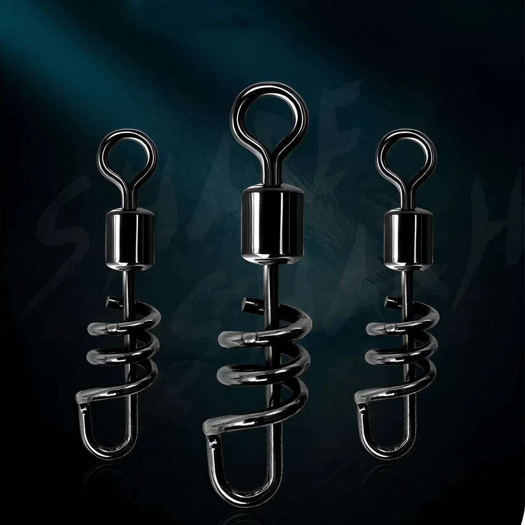 Stainless steel 8-shaped fishing swivel connector on a blue background.