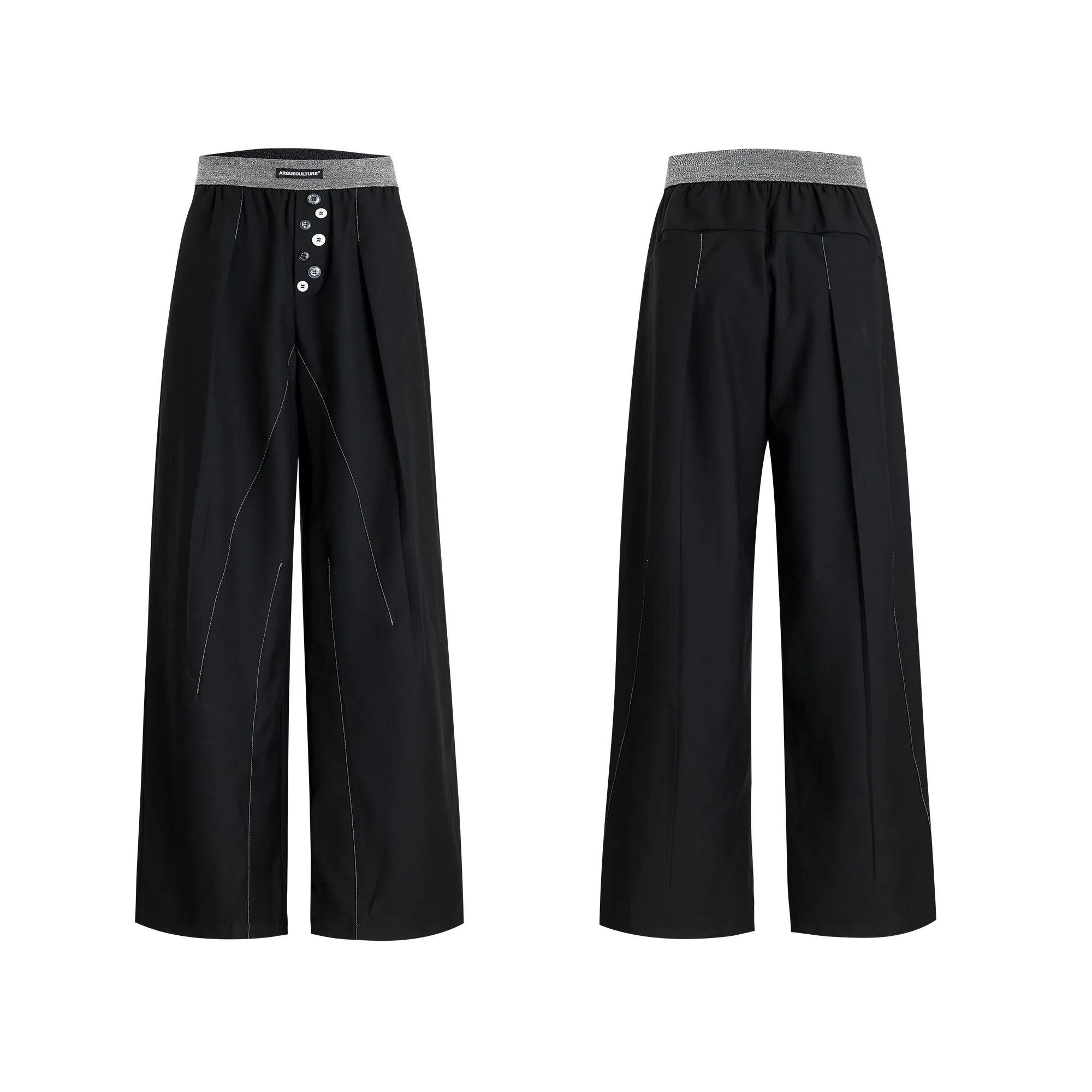 Drooping straight-leg high-waisted casual trousers with button detail in black and grey.