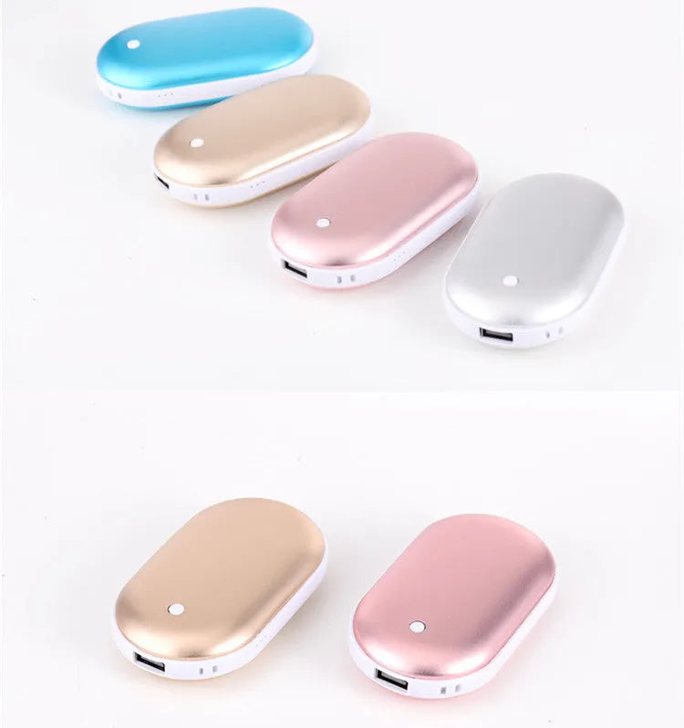 Compact rechargeable hand warmer and power bank combo unit showing colour options and digital display variants