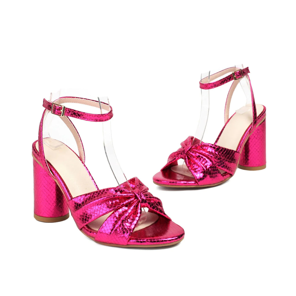High heel plus size peep toe ankle buckle sandals in gold with PU upper and rubber sole
