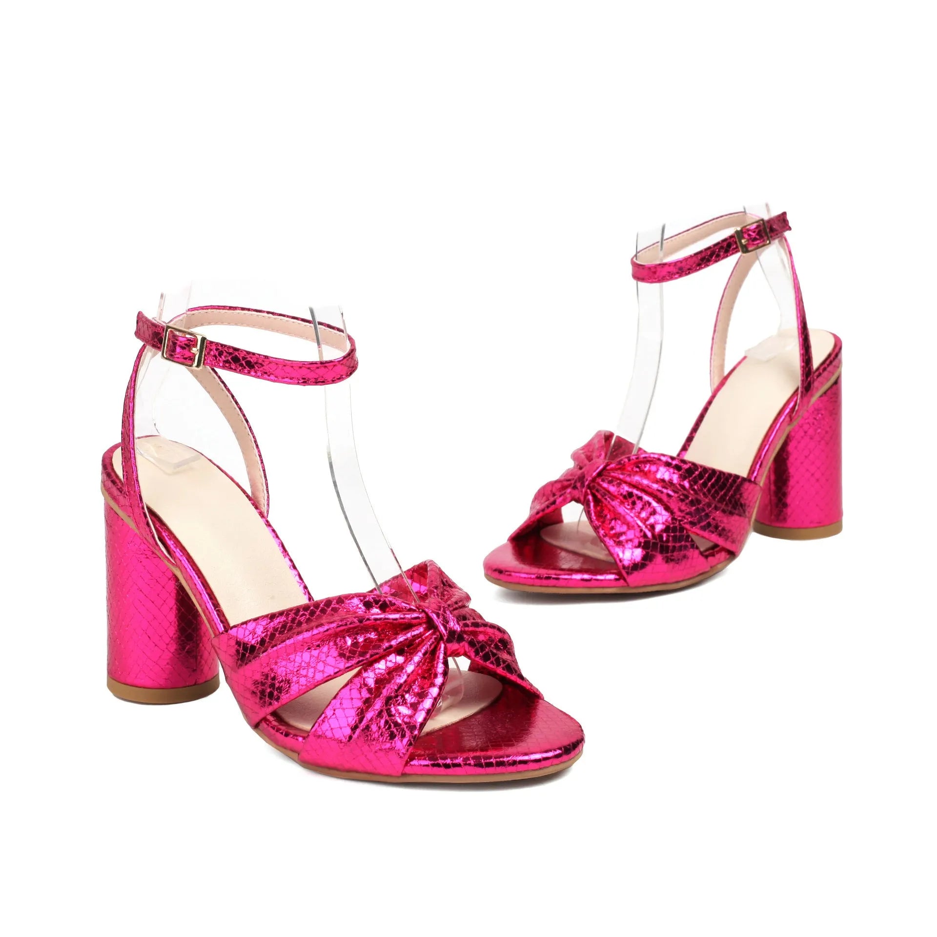 High heel plus size peep toe ankle buckle sandals in gold with PU upper and rubber sole