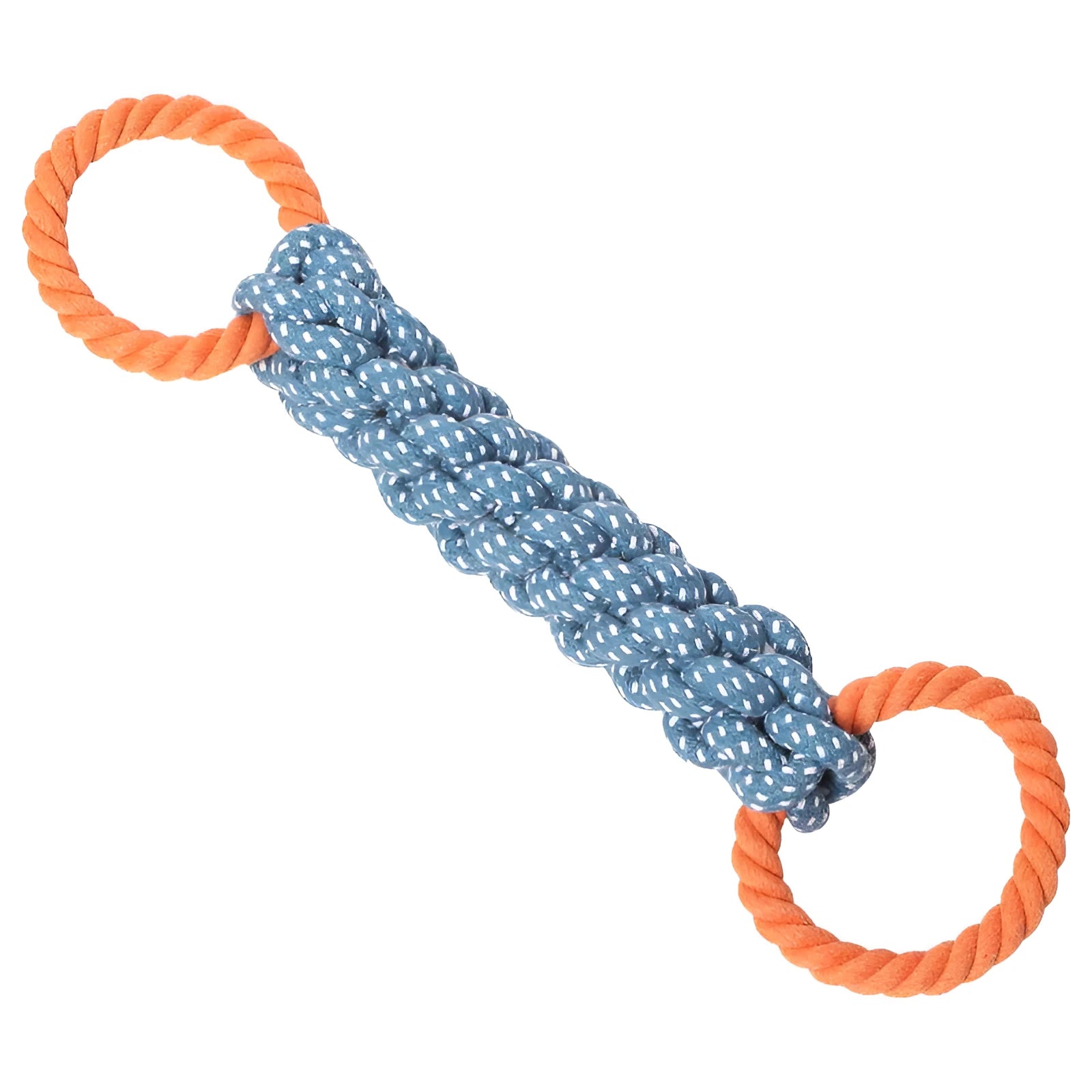 Blue double-ring braided cotton knot dog toy on white background, 37cm length