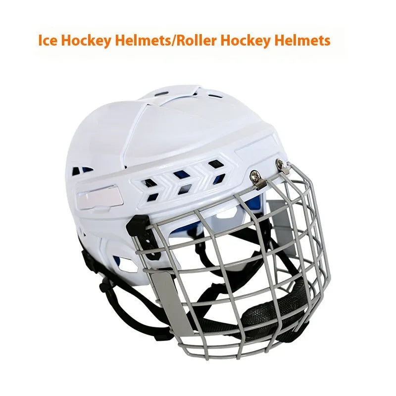 Ice hockey helmet with a carbon steel face mask and black impact-resistant shell.