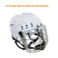 Ice hockey helmet with a carbon steel face mask and black impact-resistant shell.
