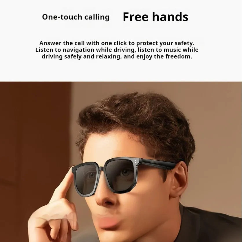 Black PC smart glasses with Bluetooth audio and touch controls for music and calls