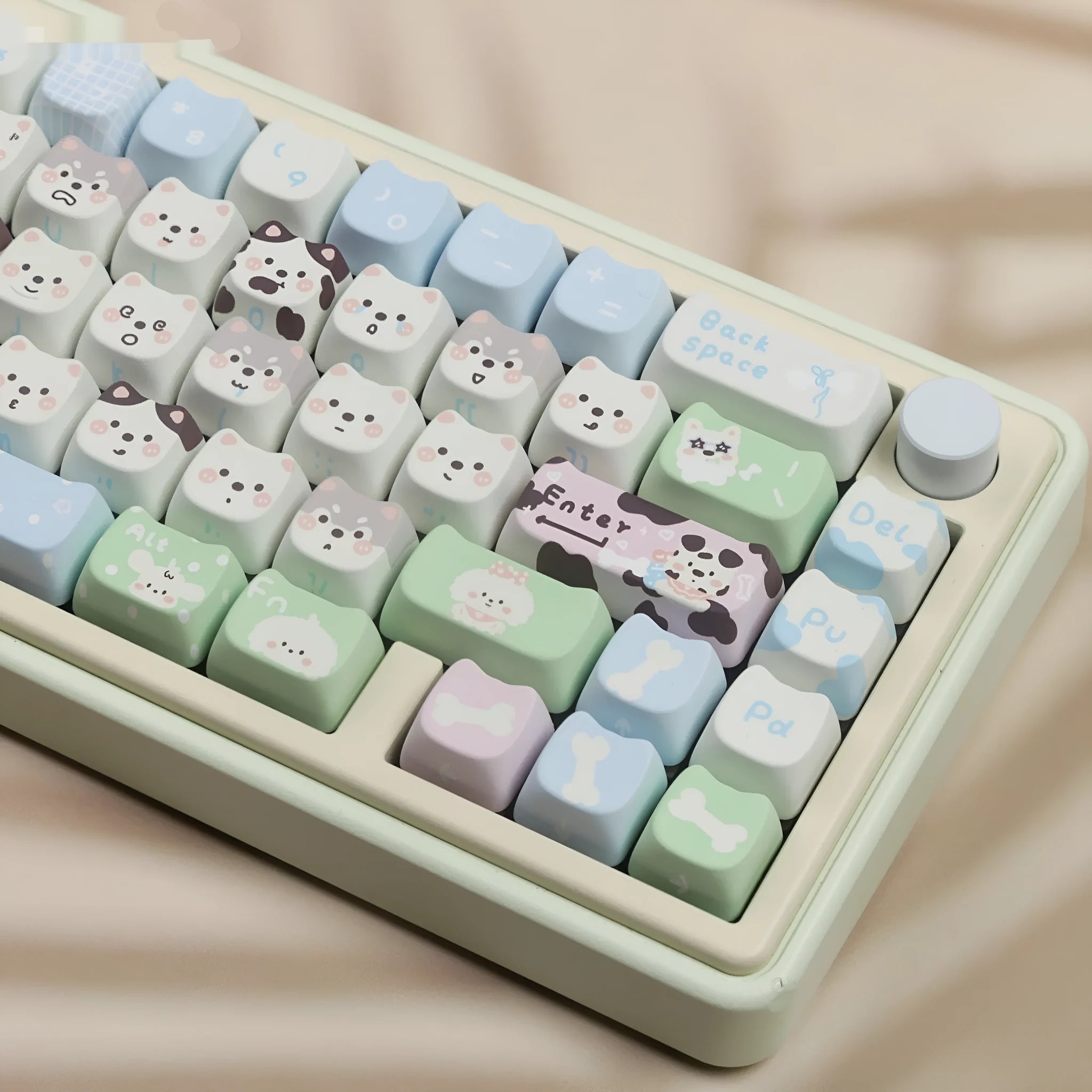 Full set of white PBT keycaps with cute puppy sublimation design for mechanical keyboards