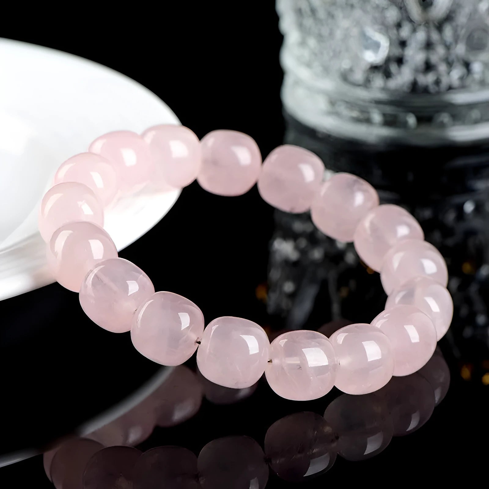 Pink crystal barrel bead bracelet with 11x12mm geometric beads and grinding treatment