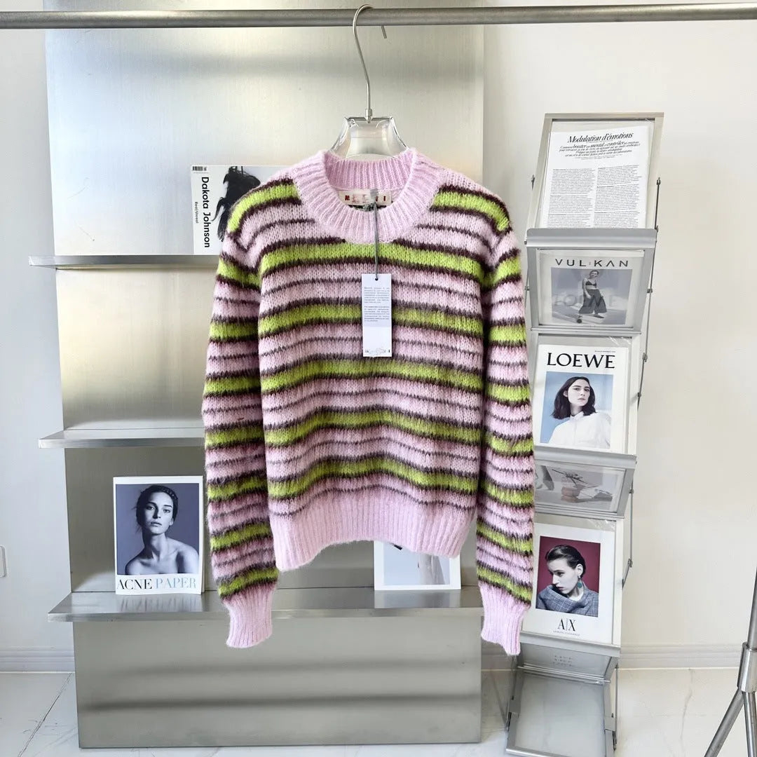 Pink wool knitted cardigan sweater with napped texture, shown as both an open cardigan and a round-neck pullover.