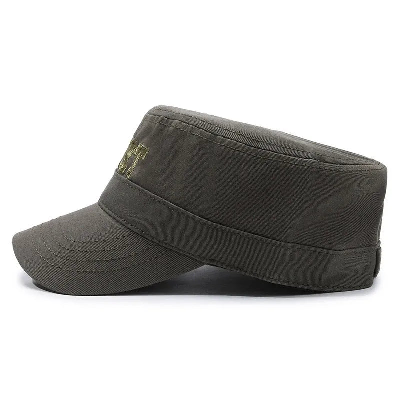 Men's adjustable flat-top cotton peaked cap in army green colour showing dome crown design