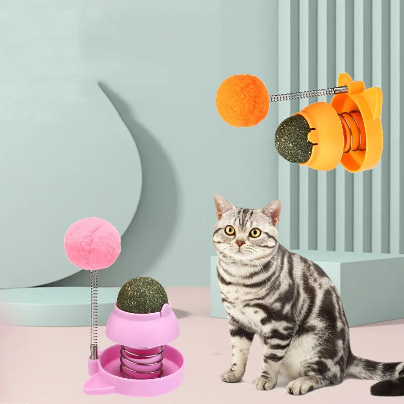 Lucky cat design cat toy with rotating mint ball in blue, orange, and pink colours