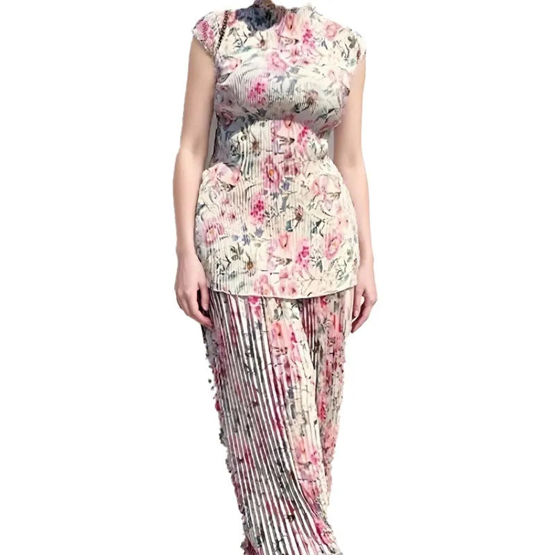 Printed chiffon dress set with high waist skirt and long sleeve top in picture colour