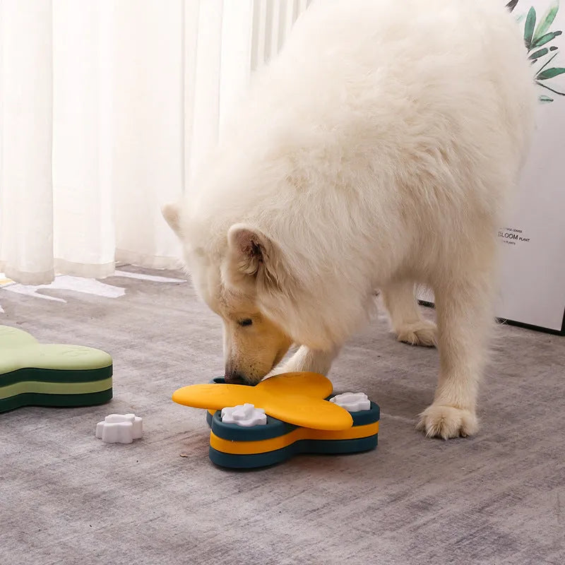 Dog puzzle toy slow feeder with nine compartments and bone covers, green, on non-slip base