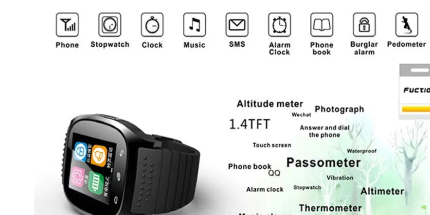 Smart Bluetooth sports watch compatible with Apple iPhone and Android phones in white, blue or black colours