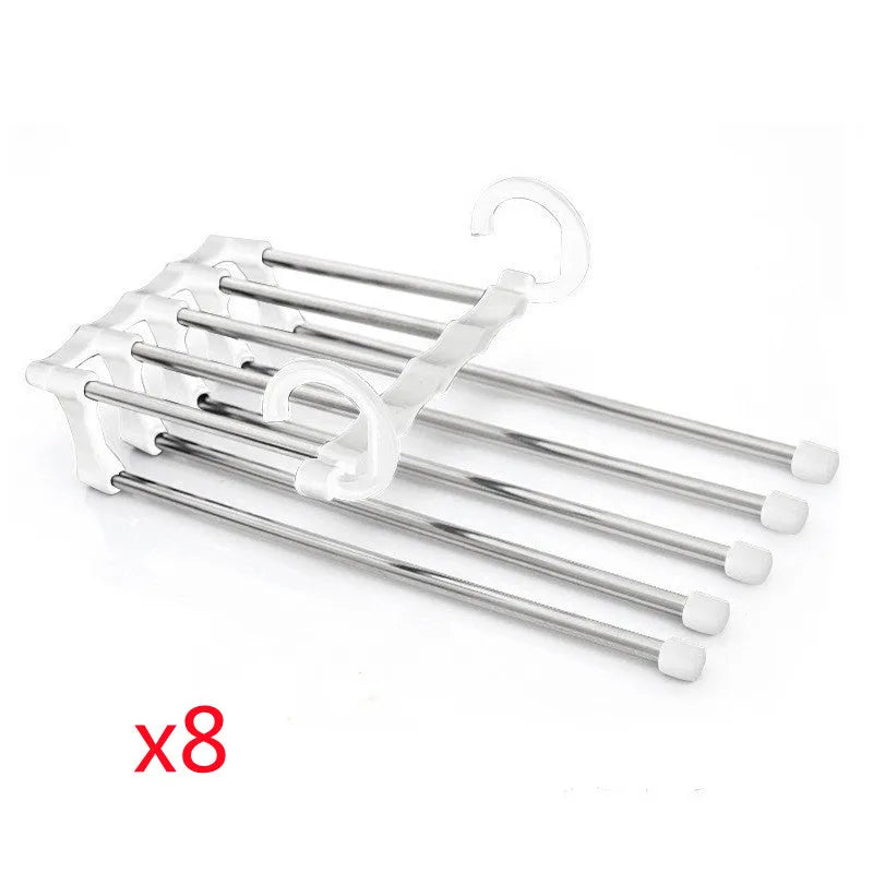 Black 5-in-1 stainless steel trouser hanger with five booms and dual hooks on a clothes rack