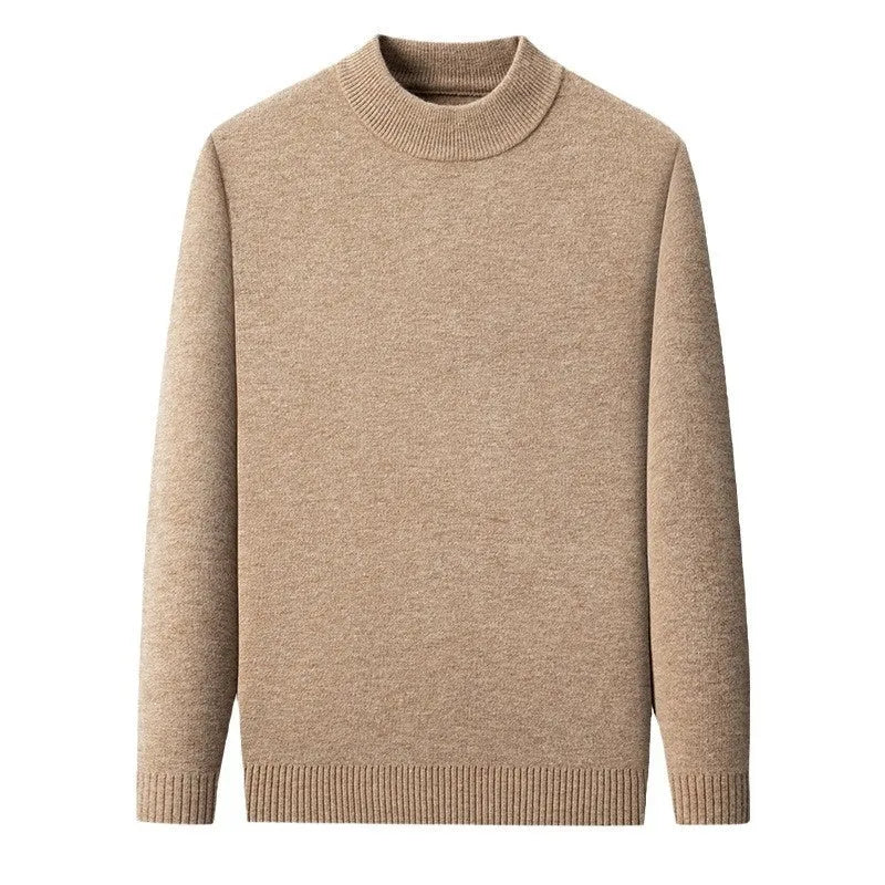 Men's solid colour half turtleneck long sleeve knitwear sweater in fine wool yarn.