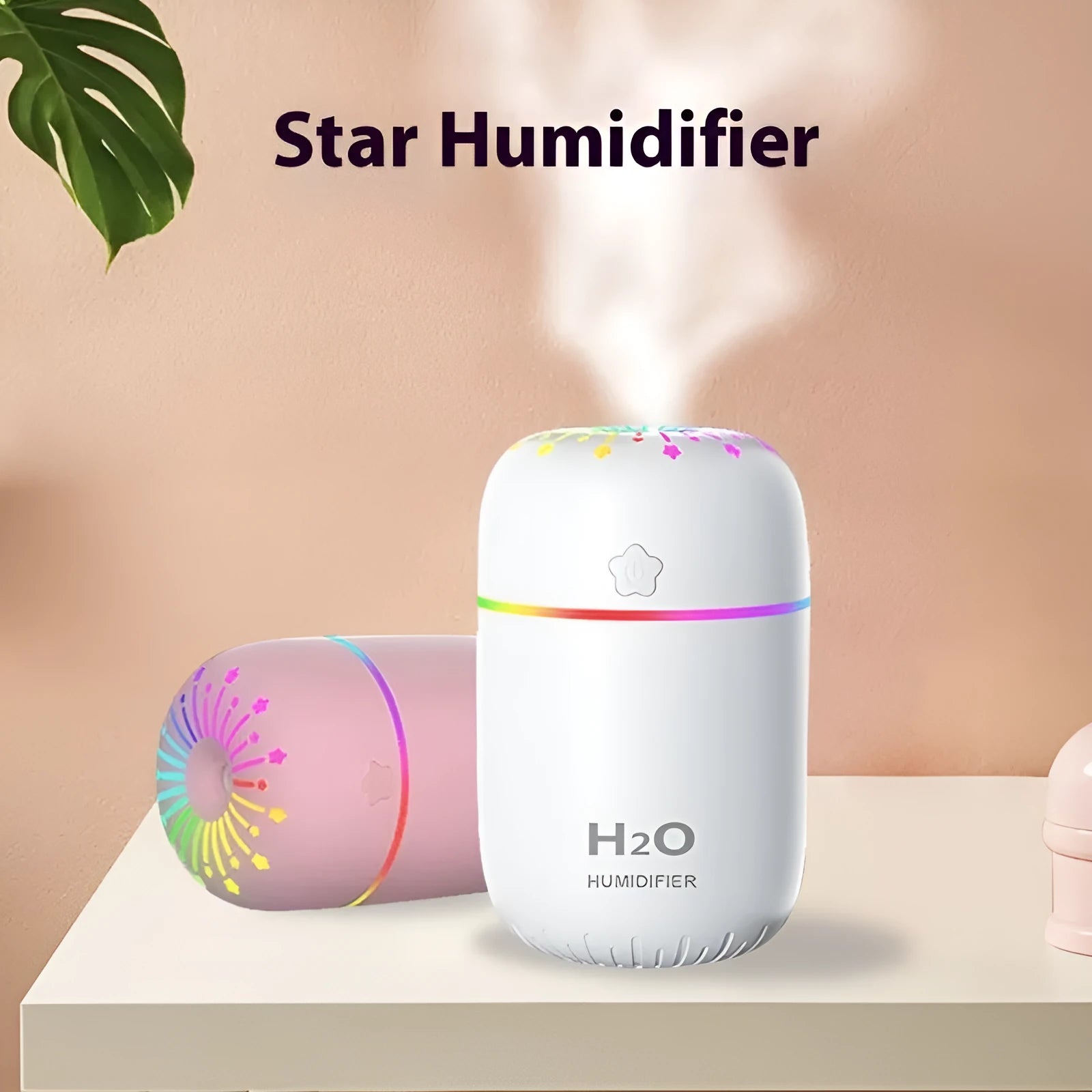 Small white USB desktop humidifier with fireworks design beside measurement showing 75mm width
