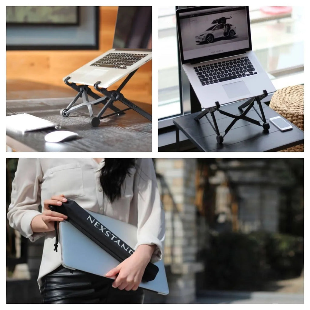 Sagacious black portable folding laptop stand bracket with compact 40cm design