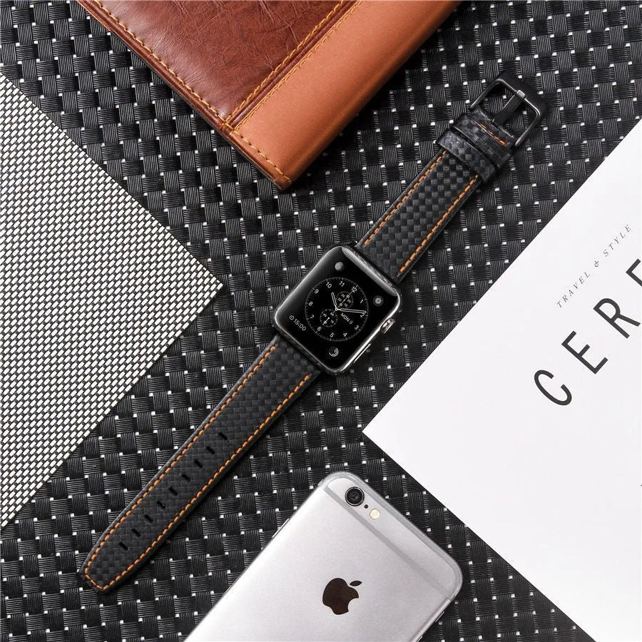 Carbon fiber leather watch strap with PC hard shell case for Apple Watch, available in black line colour, 42 44mm size