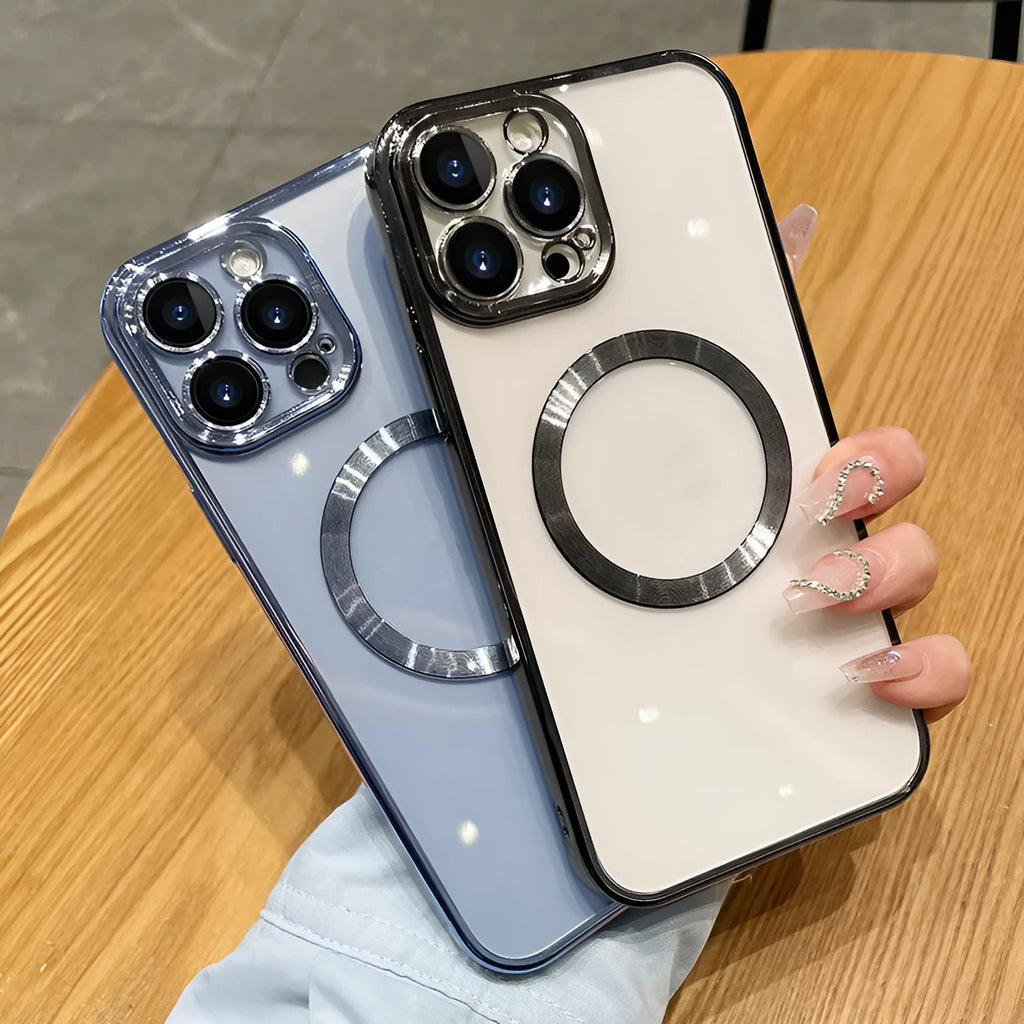 Transparent magnetic silicone phone case for iPhone 13 in black, showing full back coverage and MagSafe ring