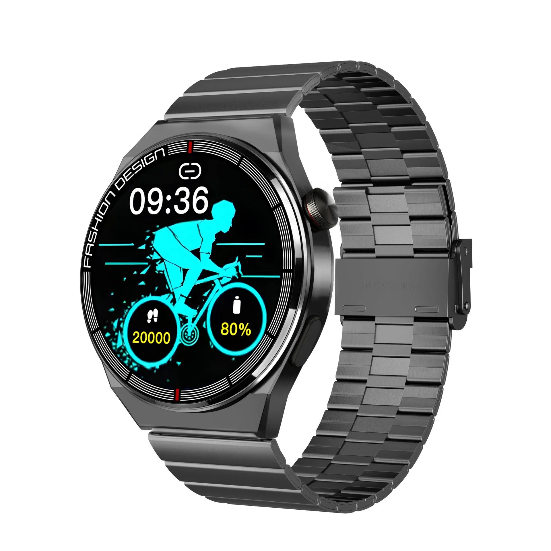 Black and silver Bluetooth NFC smartwatch with 1.28 inch glass screen and silicone strap for heart rate monitoring