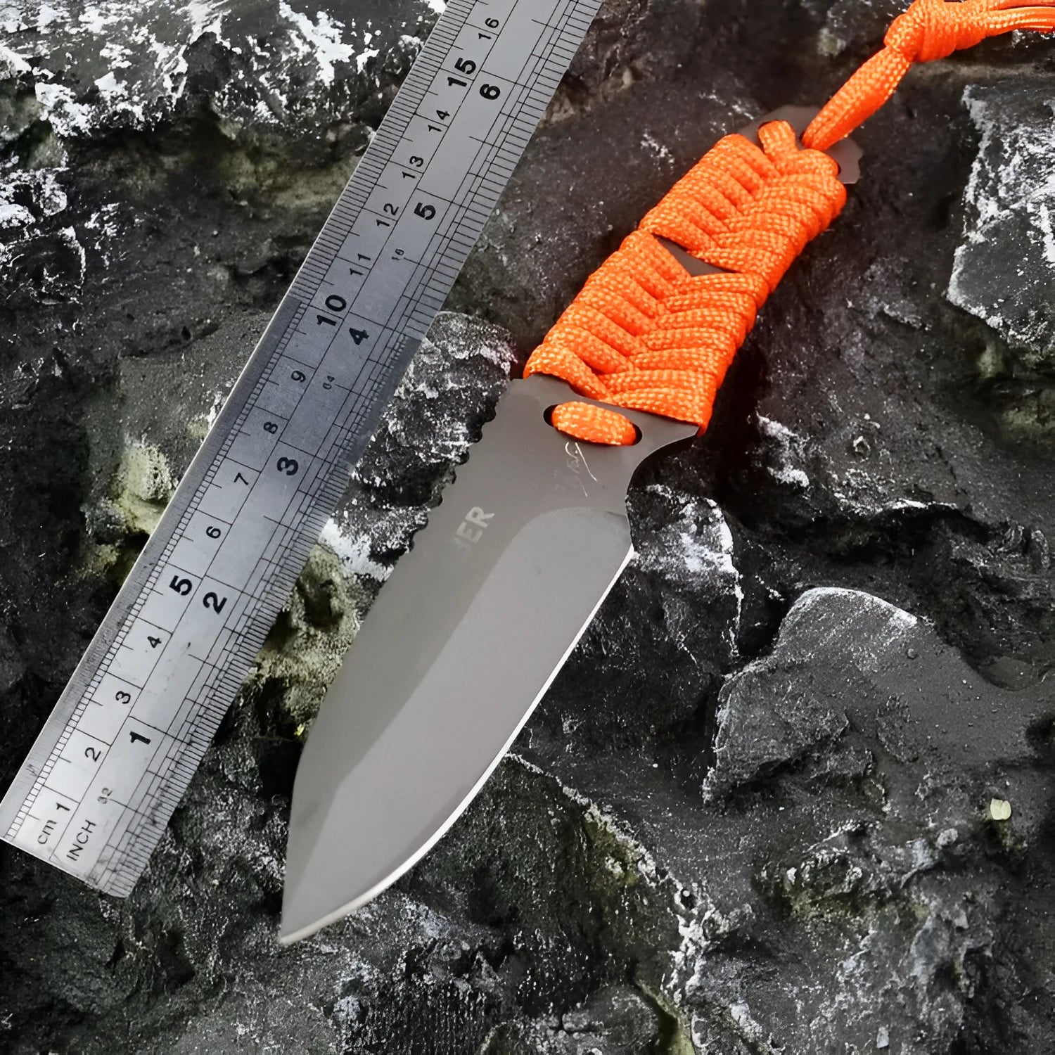 Outdoor camping survival knife with 80mm sanded 5Cr15 blade and rope handle