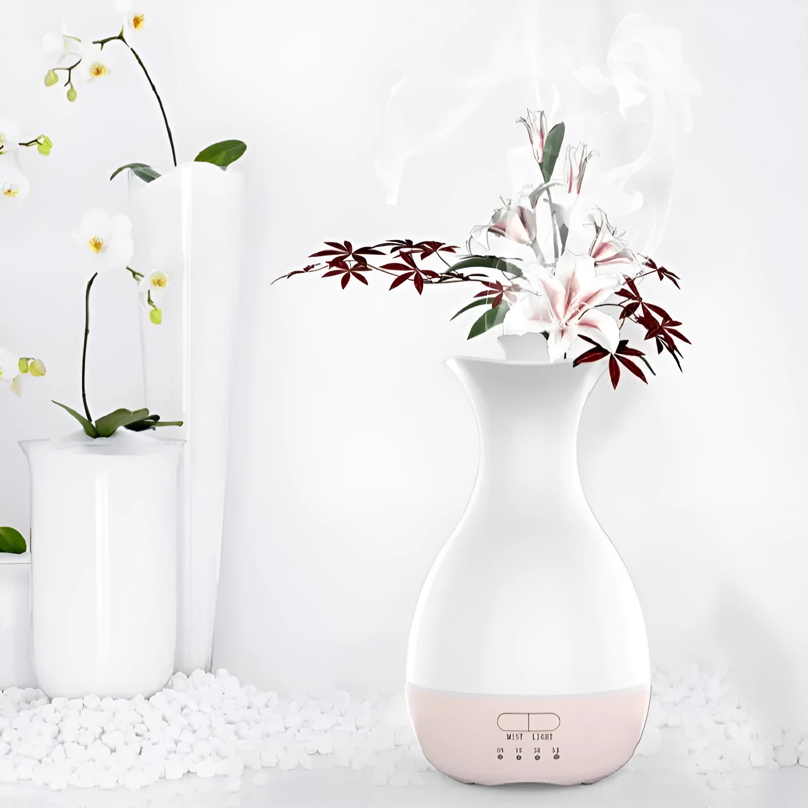 White ultrasonic aromatherapy vase diffuser with colourful LED night light and water tank