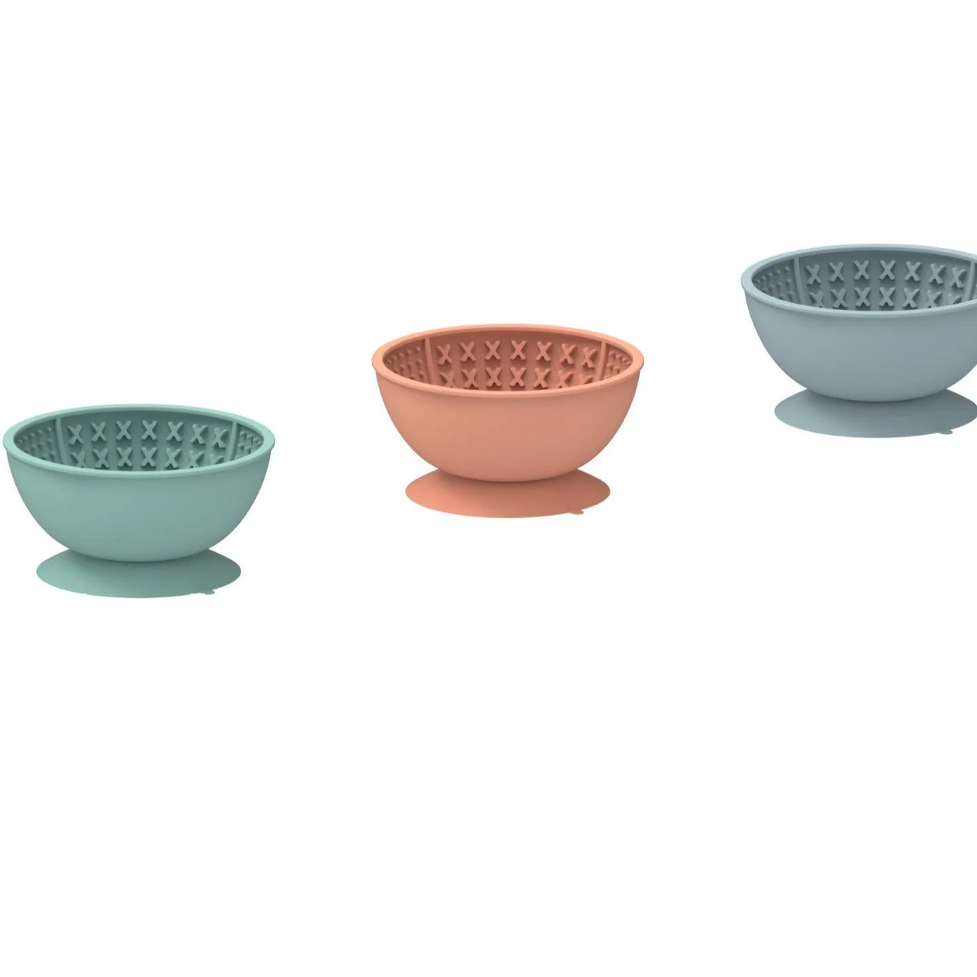 Cyan silicone slow feeder dog bowl with textured surface and suction cup base showing 15.8cm diameter