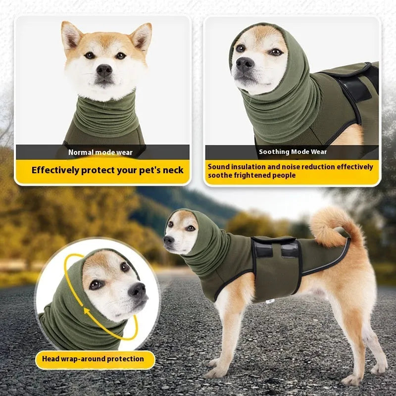 Army green dog anxiety jacket on a medium-sized dog, showing snug fit and vest design.