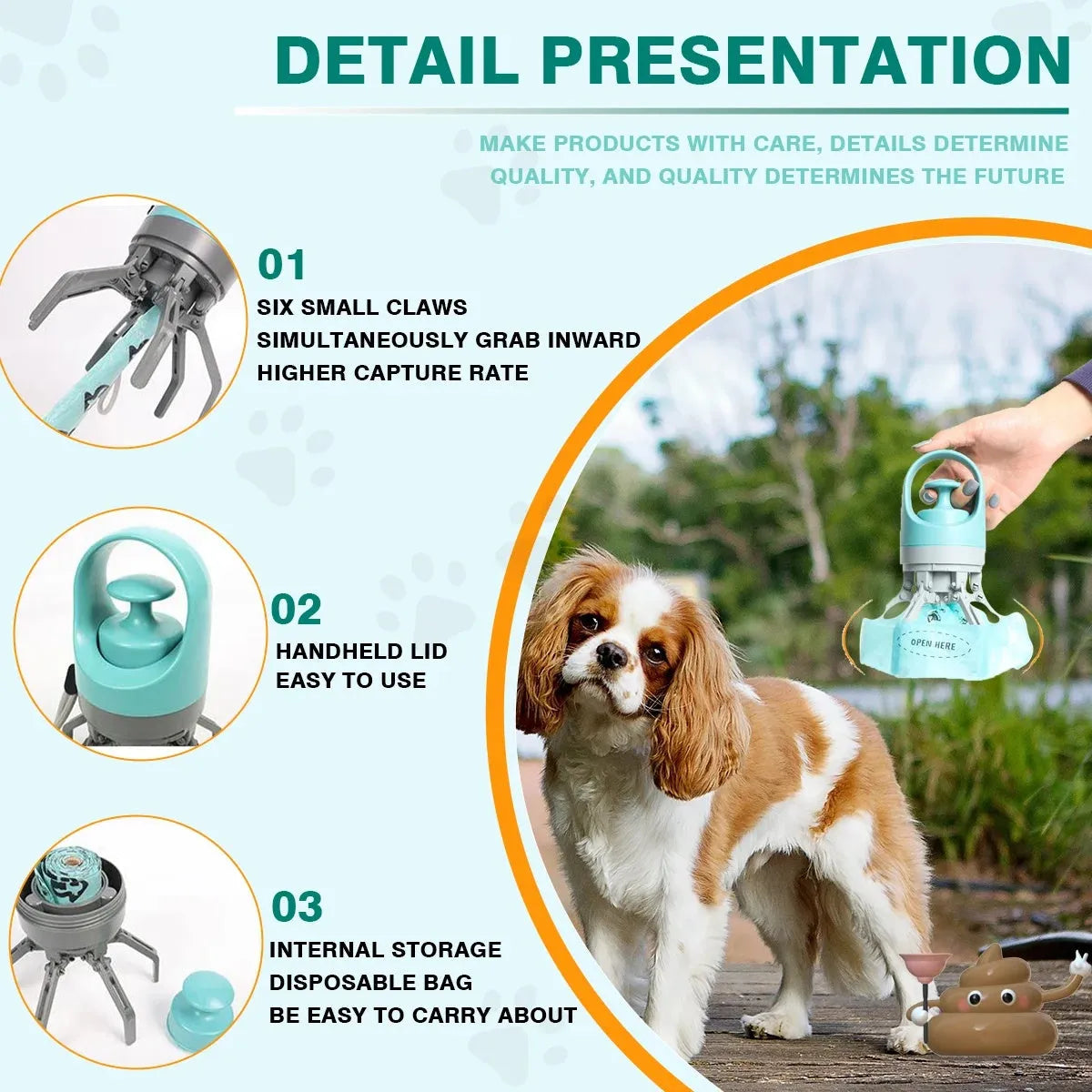 Portable dog pooper scooper with claw scoop and built-in garbage bag dispenser in blue colour