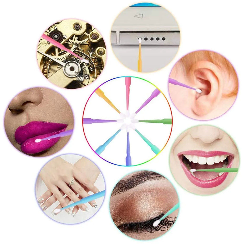 Disposable micro applicator brushes with bendable cotton swab and colour-coded handles in multicolours for makeup and eyelash extensions