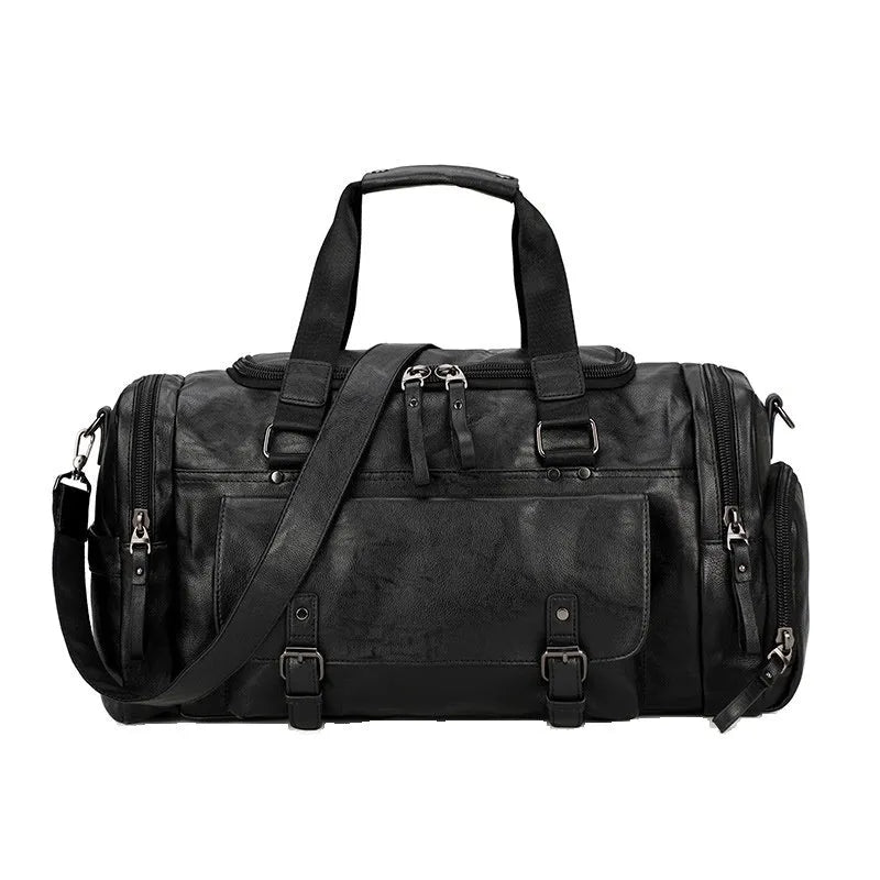 Black PU travel bag with separate shoe compartment showing dimensions of 52cm length
