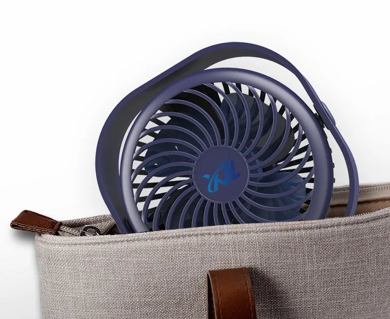 USB desk fan with alarm clock style in blue colour, showing 360-degree rotation feature.