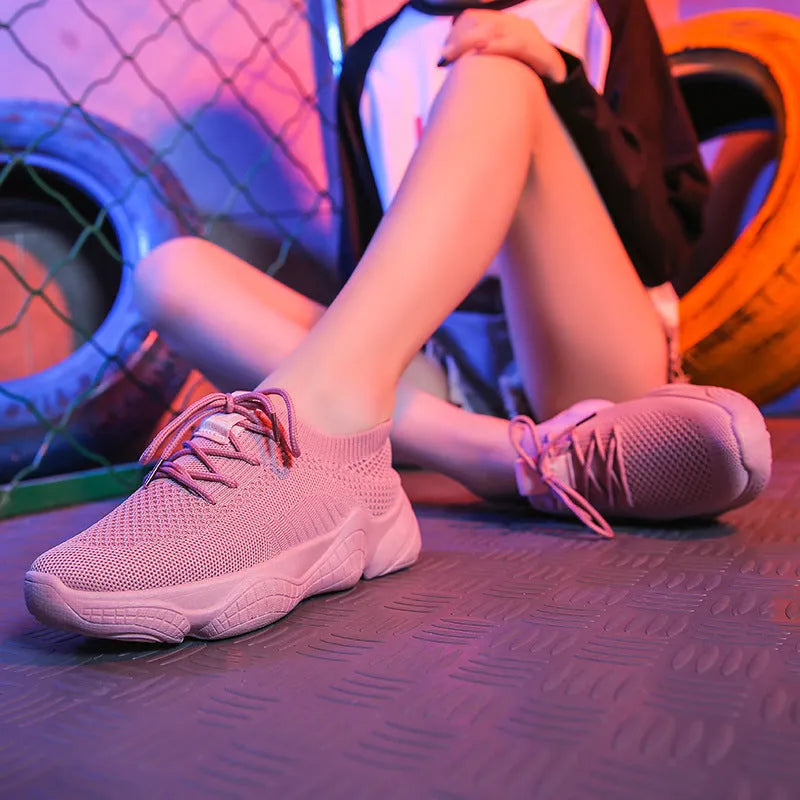Women's white flying woven sports shoes with thick rubber soles and front strap design