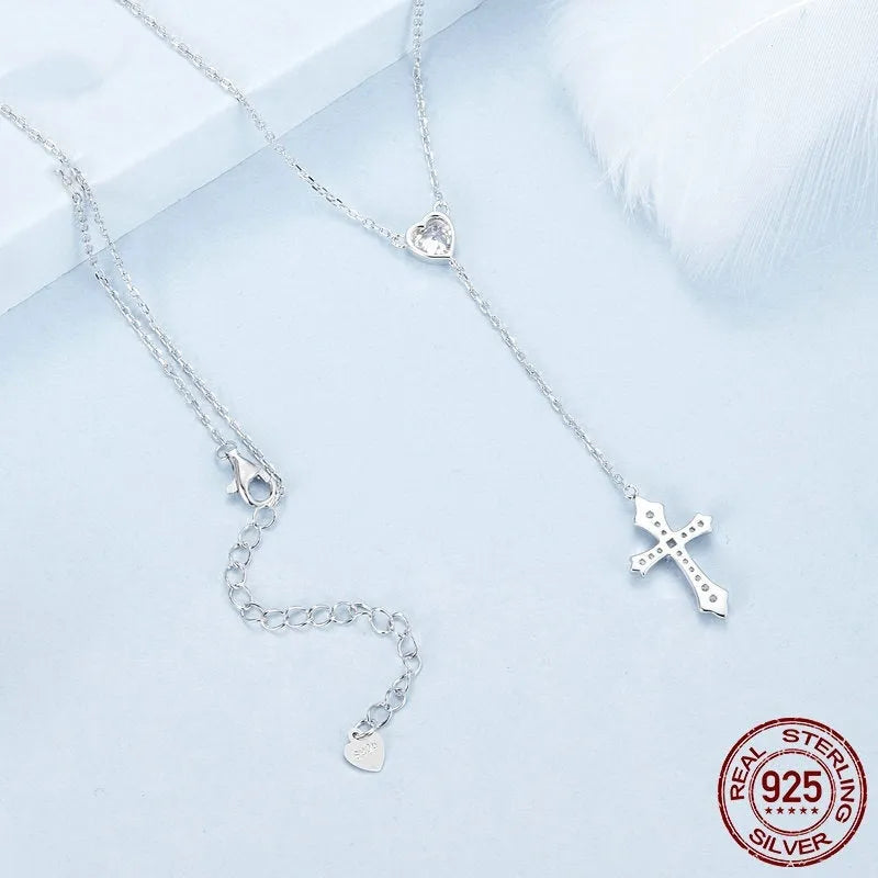 Silver cross necklace with V-neck pendant on O-ring chain, 925 silver jewellery for women