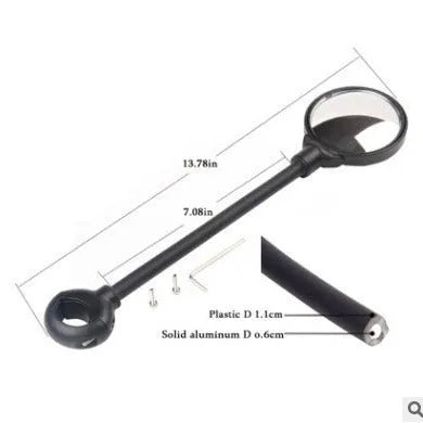 Close-up of a black metal bicycle rearview mirror with hose adjustment mechanism and reflector on a handlebar