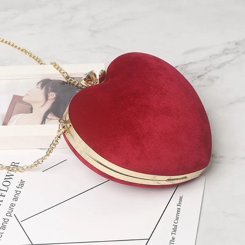 Small heart-shaped plush cotton chain bag with hook closure and card pocket, available in red light grey black and pink