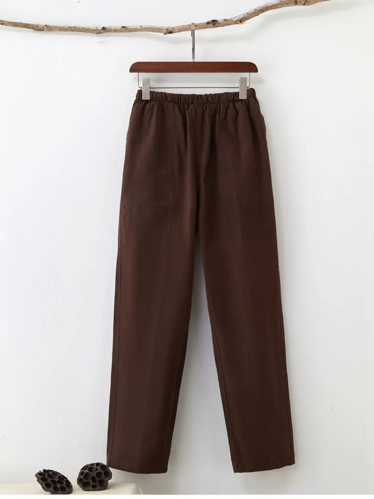 Men's solid colour pure cotton coarse fabric casual pants in beige with drawstring waist and mid rise
