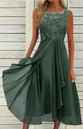 Women's sleeveless green chiffon dress with lace detailing and a mid-length skirt.