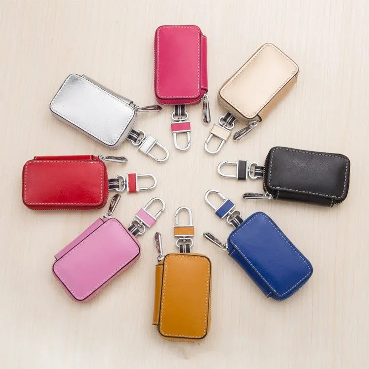 Genuine leather car key case in white, square vertical design, 8.3x5x2cm, plain weave texture