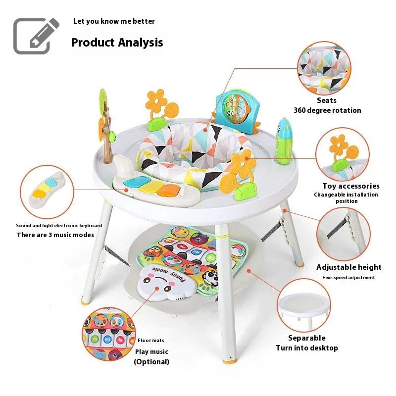 Baby in three-in-one jumper seat with duck design, bouncing with interactive toys