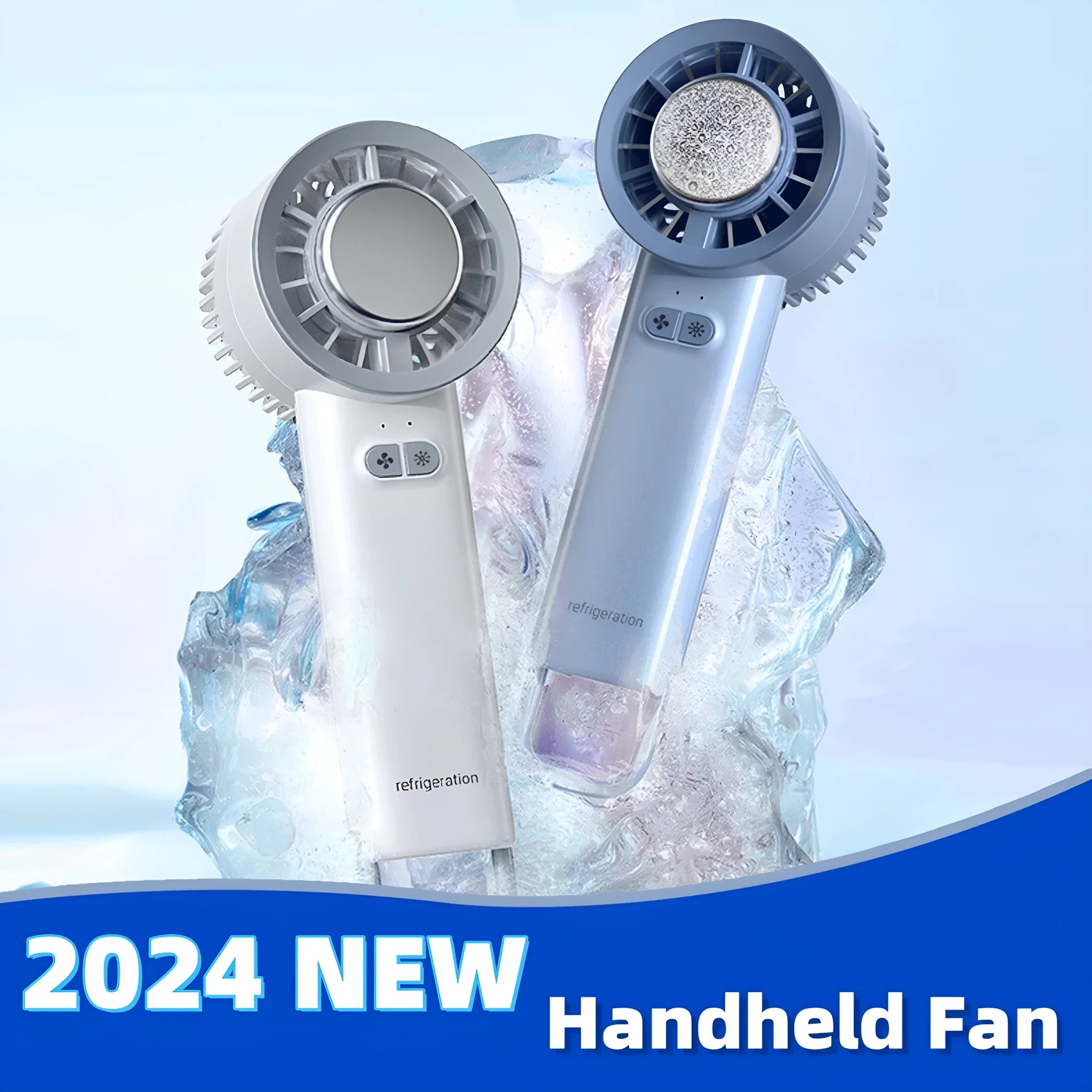 White handheld turbo jet fan with 18°C ice cooling and 6m/s airflow