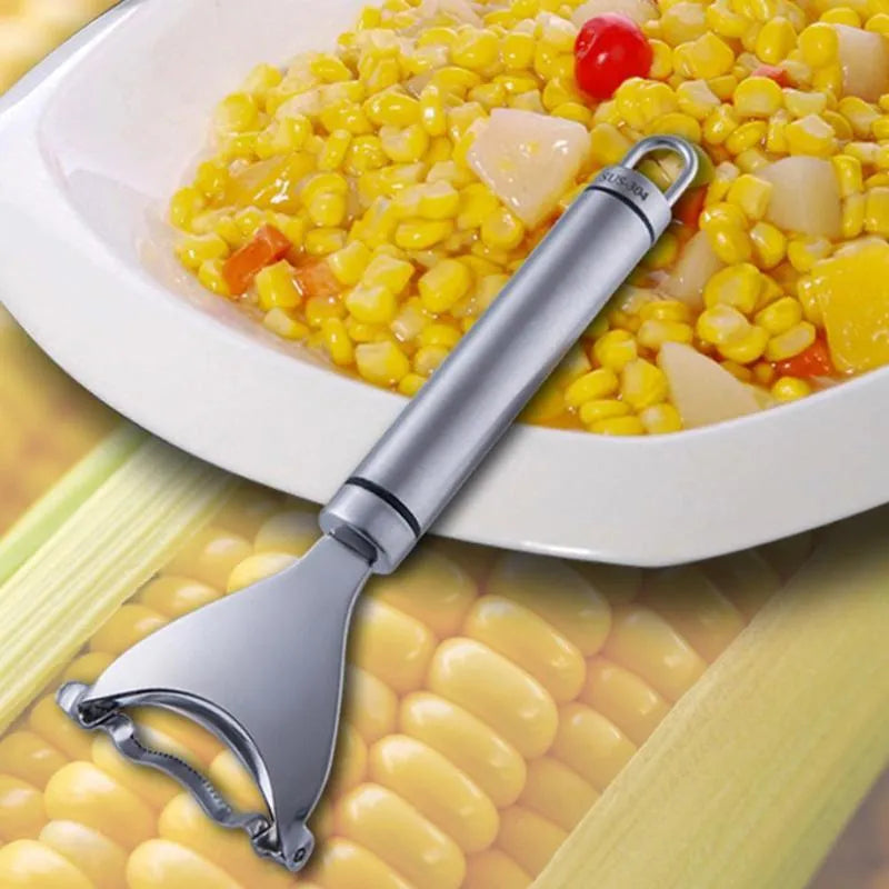 Stainless steel corn planer with 18 cm blade on a kitchen counter