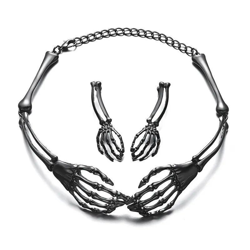 Dark style skull ghost claw necklace earrings set electroplated alloy silver black women